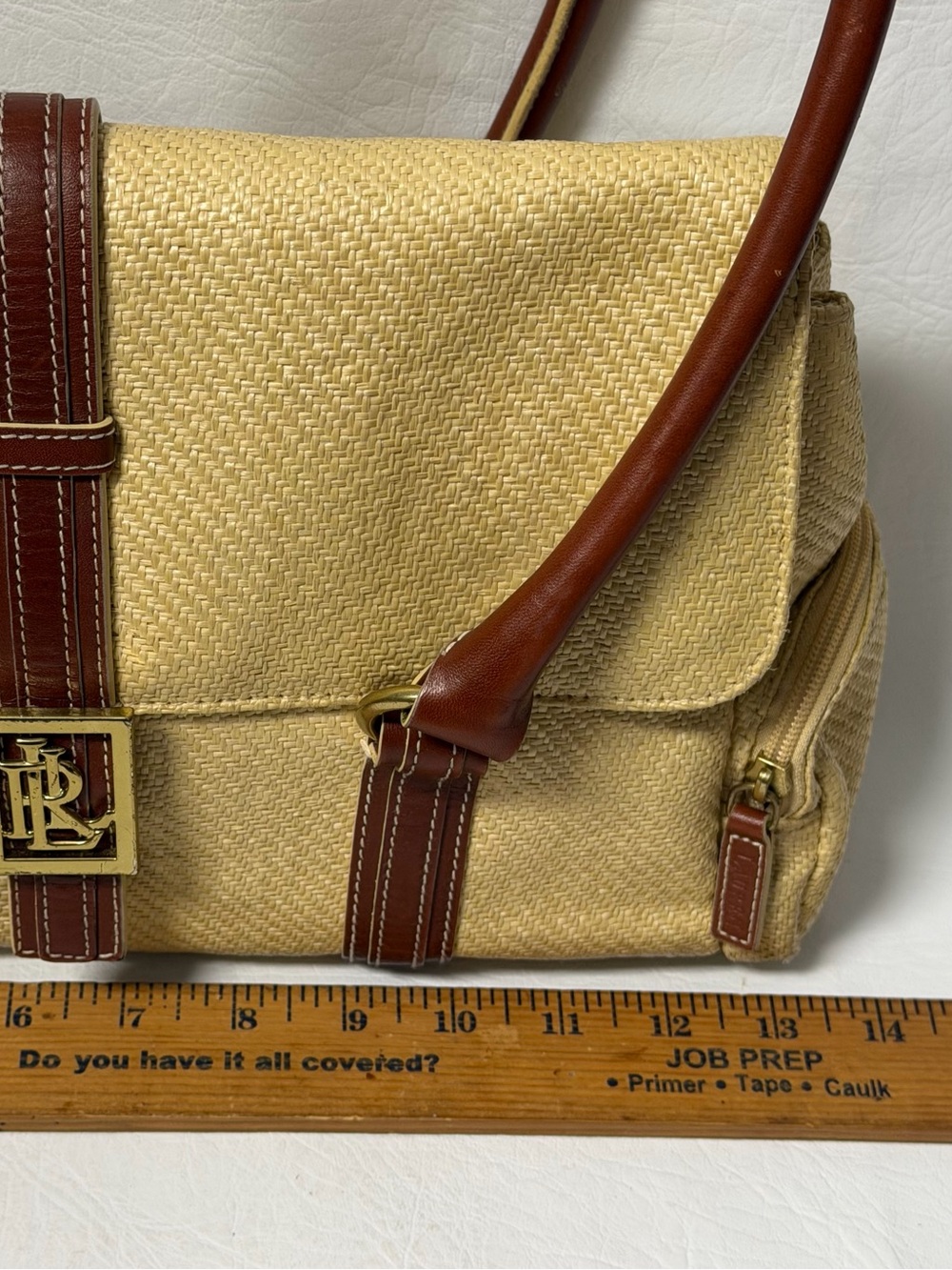 Vintage 90s Lauren Ralph Lauren straw look purse leather details - Picture 7 of 10
